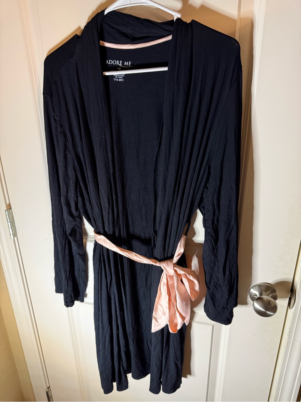 Adore Me Black Wrap Robe 1X Pink Satin Belt Soft Lounge Robe NWT